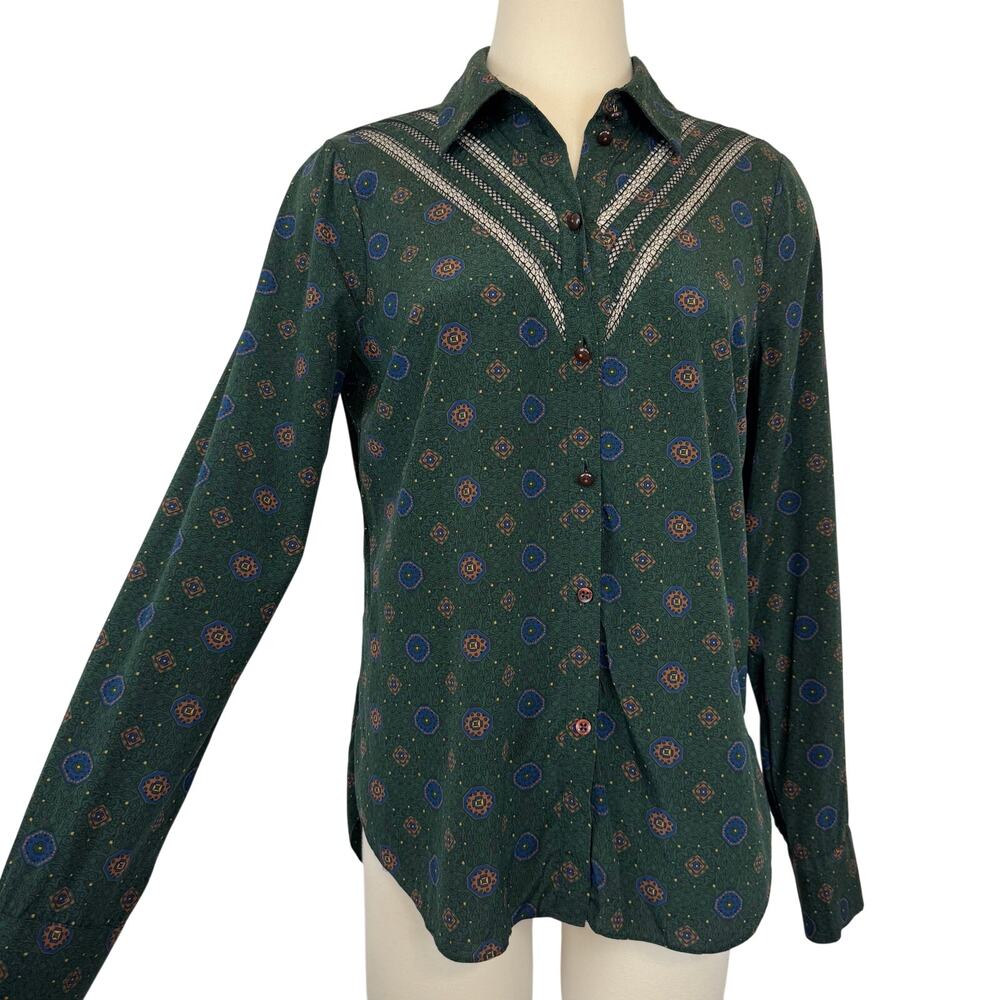 Veronica Beard Silk Rowena Long-Sleeve Button Up Shirt Blouse Top Emerald 6